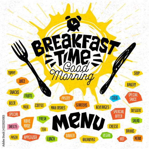 Breakfast time, good morning, fork, knife, menu. Lettering, labels logo sketch style craft pasta, vegan, tea, coffee desserts, yummy soup combo salad pastry. Hand drawn vector illustration