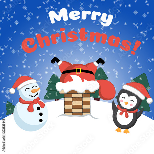 Santa Claus in the chimney. Holiday card . Merry Christmas! Winter landscape.