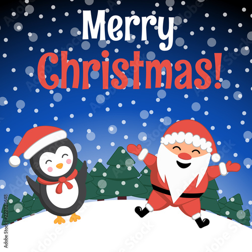 Christmas Santa Claus and penguin. Merry Christmas winter season greeting card . Vector illustration of EPS 10. Merry Christmas!