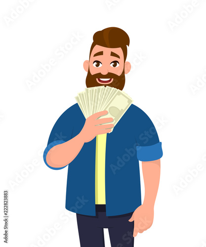 Happy young man holding cash/money/banknotes. Financial .money concept. Vector illustration in cartoon style.