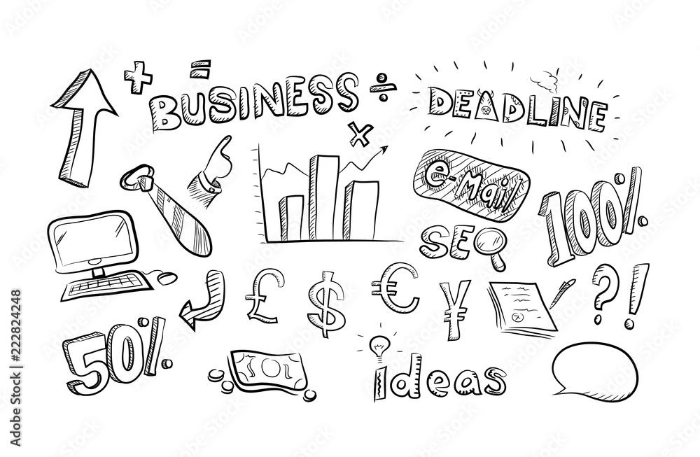 Hand drawn business theme symbols and icons doodle set