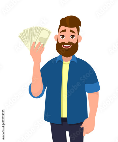 Happy young man holding cash/money/banknotes. Financial .money concept. Vector illustration in cartoon style.