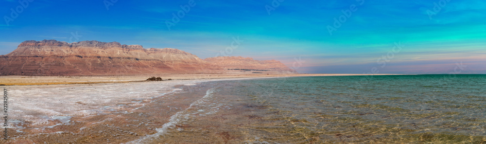 Amazing panoramic Dead Sea with blue and teal colors in the middle of the day