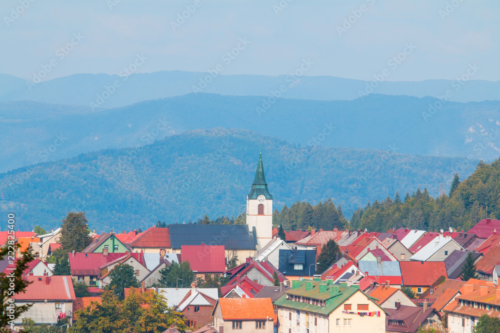 Panoramic view of Croatian town Delnice, Gorski Kotar