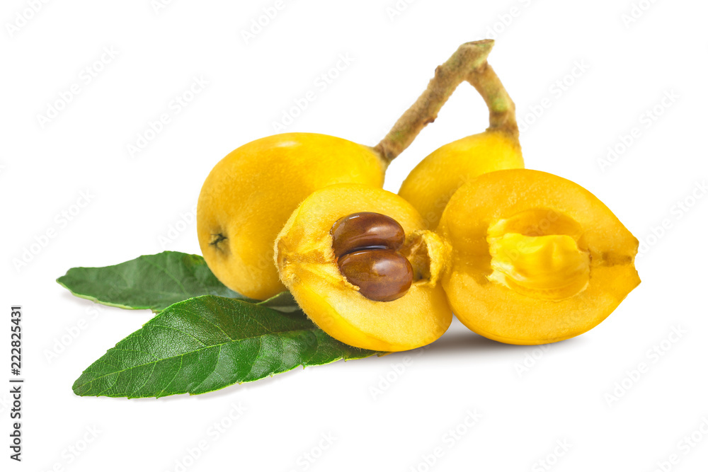 Bunch of japanese loquat or meldar also called Bibasse isolated on white background 