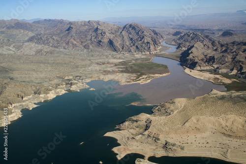 Aerial view of rocky formations and Lake Mead/Colorado River, Nevada/Arizona