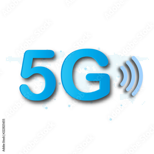 5G cellular mobile communication blue logo background with global network line link transmission. Digital transformation and technology concept. Massive future device connection high speed internet