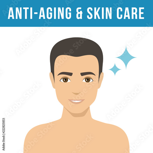 Man's anti-aging skin care and men's cosmetics. Man with perfect skin without wrinkles and pimples. Vector