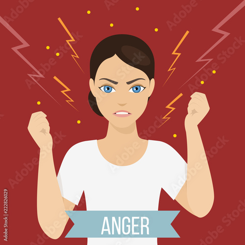Woman suffers from stress and emotional problems. Female feels anger and lose temper. Vector