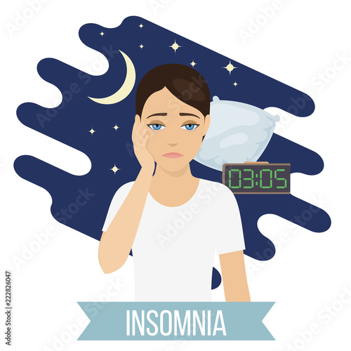 Sad tired sleepy woman suffers from insomnia. Female can not sleep, problems with sleep. Vector