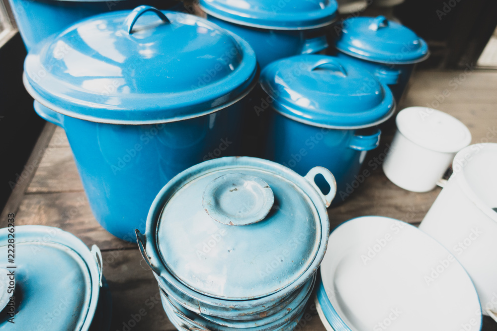 Antique blue cans, pots and containers