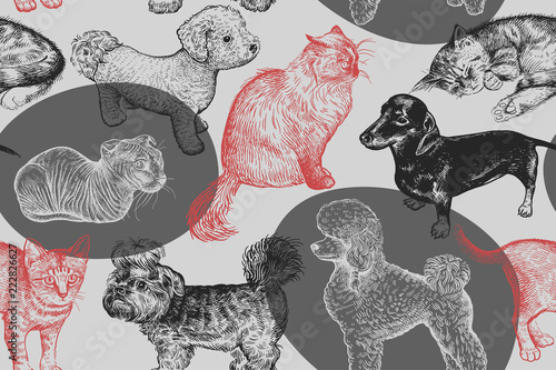Seamless pattern. Cute puppies and kittens. Hand-made drawing of dogs and cats