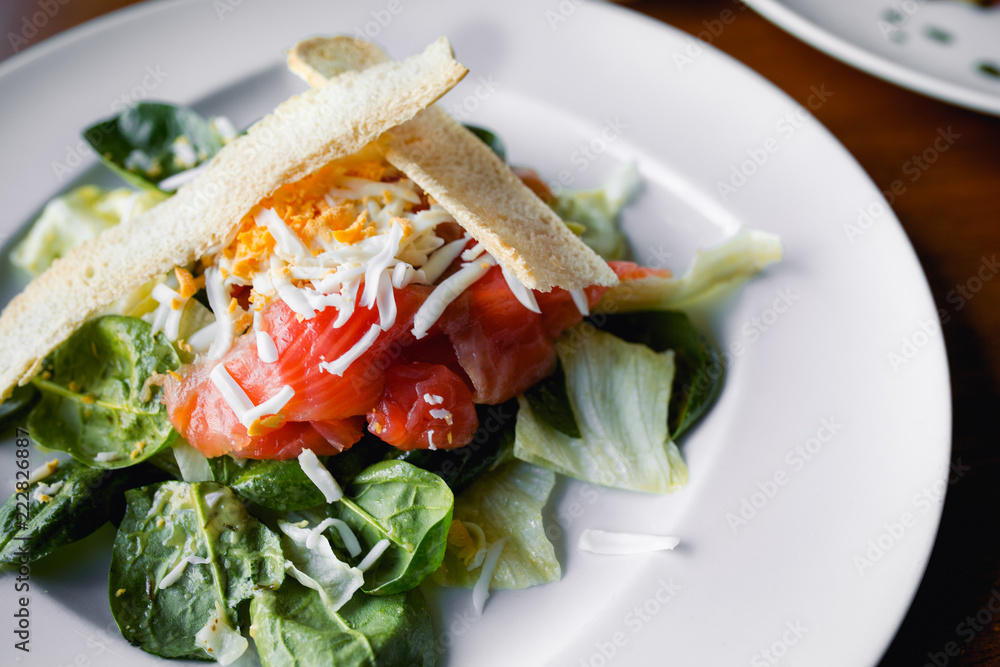 Closeup tasty grill vegetarian Slices of smoked salmon with bread, letuce arugula and cheese in european style, meal on large rounded white dish and spices on brown in urban modern stilysh restaurant Closeup tasty grill vegetarian Slices of smoked salmon with bread, letuce arugula and cheese in european style, meal on large rounded white dish and spices on brown in urban modern stilysh restaurant
