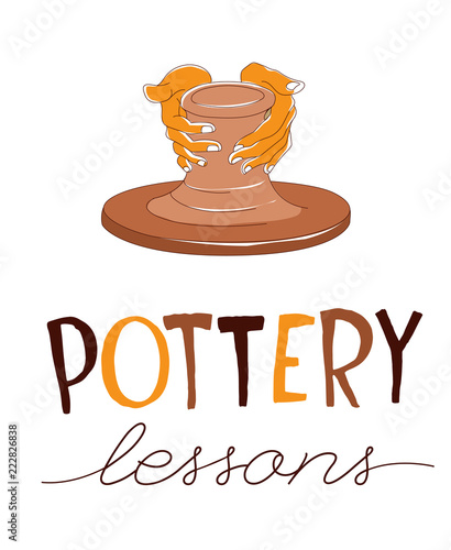 Pottery Lessons. Traditional pottery making, hands shaping vase on wheel