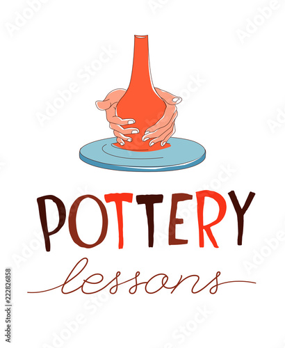 Pottery Lessons. Traditional pottery making, hands shaping vase on wheel