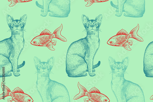 Seamless pattern. Cats and fish. Vector illustration.