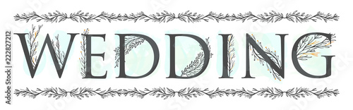 Alphabet wedding invitation monochrome hand drawn elegant leaves. Vector illustration. Vintage retro style.