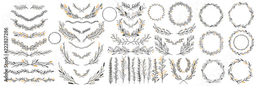Hand sketched vector vintage elements: wreath,leaves, frame. Perfect for invitations, greeting cards, quotes, blogs, Wedding Frames, posters