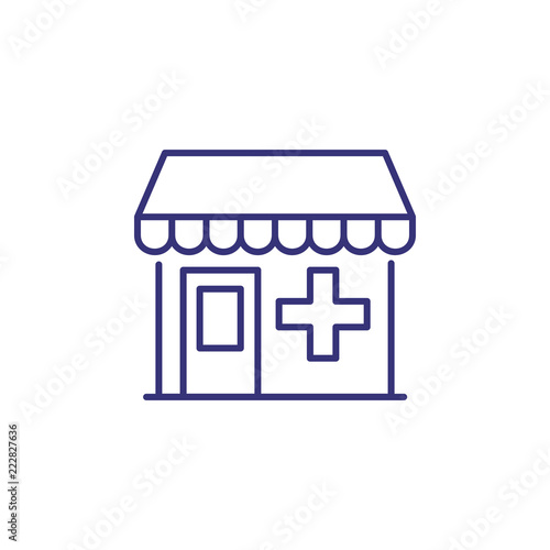 Pharmacy building line icon. Hospital, clinic, medical station. Medicine concept. Vector illustration can be used for topics like healthcare, city infrastructure, service