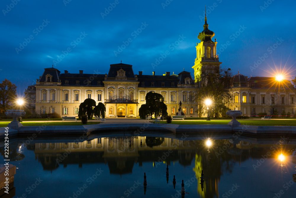 Photo of night illuminations of Festetics Palace in hungarian Keszthely