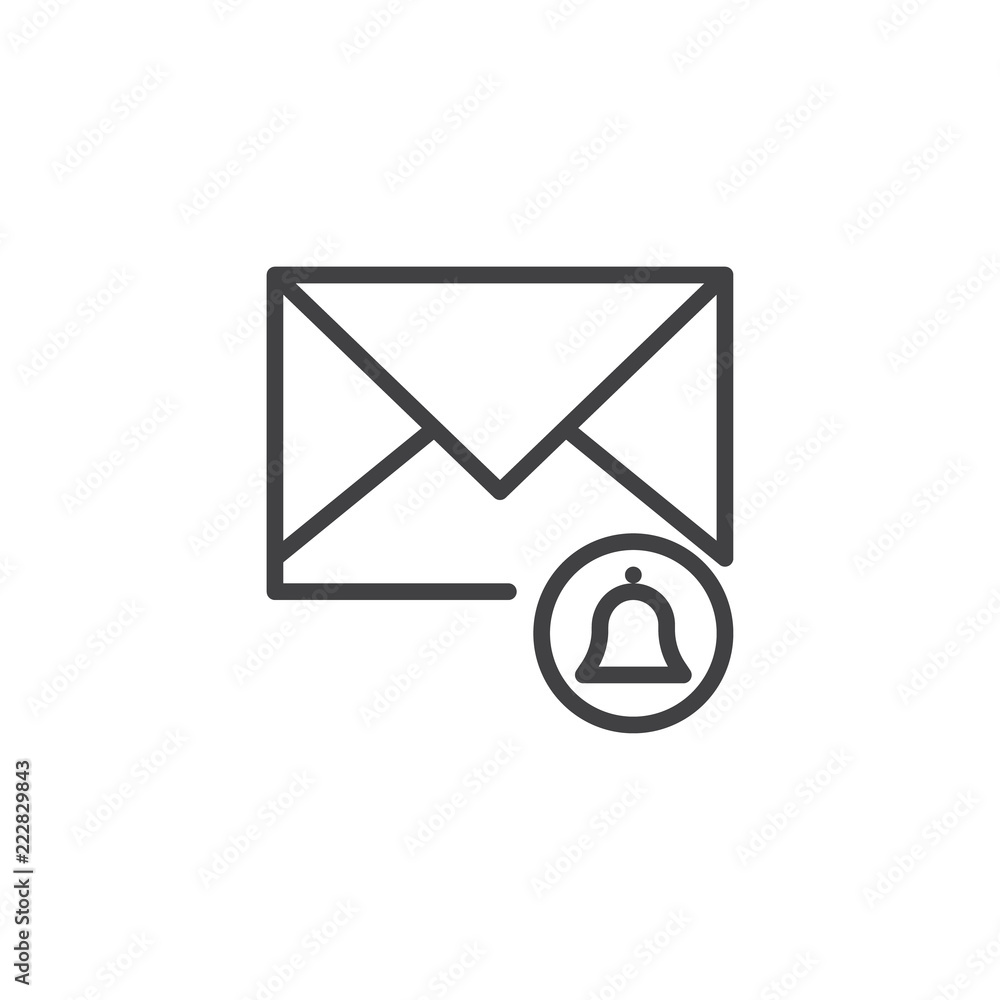 New mail message notification outline icon. linear style sign for mobile concept and web design. Envelope with alarm bell simple line vector icon. Symbol, logo illustration. Pixel perfect vector New mail message notification outline icon. linear style sign for mobile concept and web design. Envelope with alarm bell simple line vector icon. Symbol, logo illustration. Pixel perfect vector