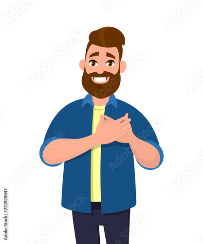 Young  man keeping hands on chest. Smiling friendly bearded man expressing gratitude. Emotion and body language concept in cartoon style vector illustration.