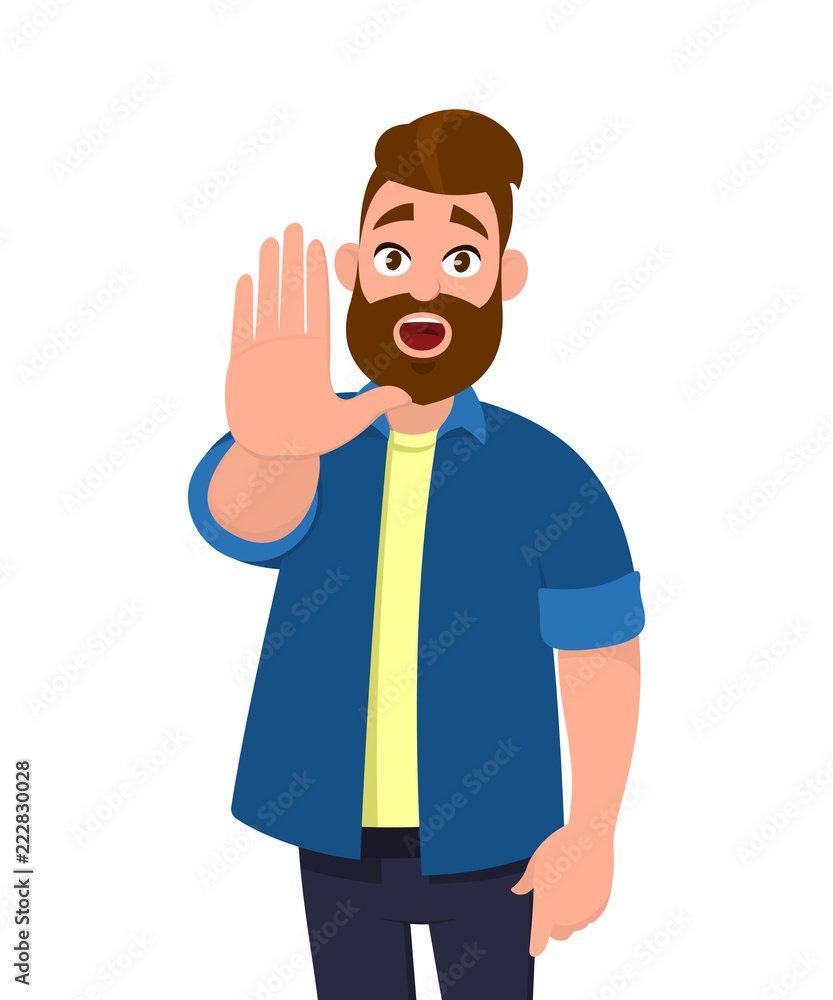 Young man showing palm as stop sign,stay, hold or rejection gesture.  .Emotion and body language concept in cartoon style vector illustration.  Stock Vector | Adobe Stock