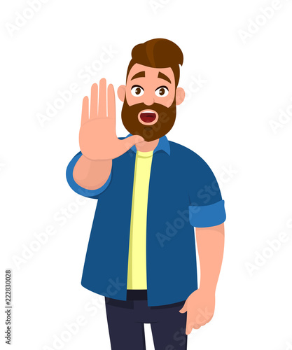 Young man showing palm as stop sign,stay, hold or rejection gesture. .Emotion and body language concept in cartoon style vector illustration.