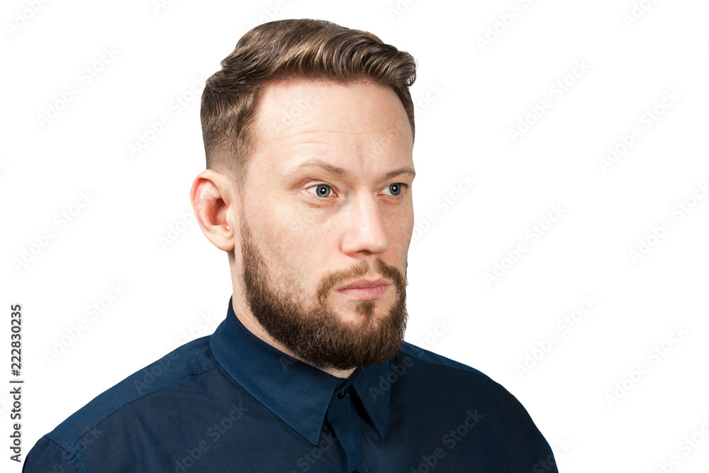 Portrait of young man dressed on a blue classic shirt. Businessman isolated on a white background. Portrait of young man dressed on a blue classic shirt. Businessman isolated on a white background.