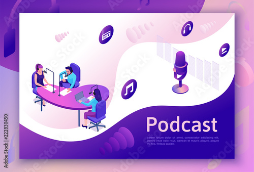 Podcast isometric 3d illustration, modern music radio show or audio blog concept, vector landing page template with people, microphone, sound studio interior in violet color