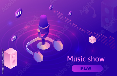 Modern music radio show or audio blog concept, podcast isometric 3d illustration, vector landing page template with people, microphone, sound studio interior