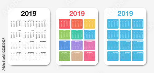 Pocket calendar 2019 template. Colorful compact calendar design for planner or scheduler