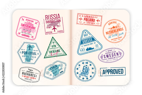 Realistic passport pages with visa stamps. Open foreign passport with custom visa stamps