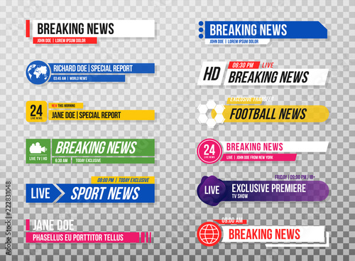 Lower third template. Set of TV banners and bars for news and sport channels, streaming and broadcasting. Collection of lower third for video editing