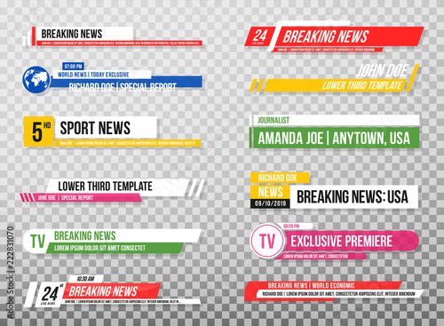 Lower third template. Set of TV banners and bars for news and sport channels, streaming and broadcasting. Collection of lower third for video editing