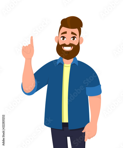 Young Man pointing up finger while standing and smiling. Man pointing copy space. Emotion and body language concept in cartoon style vector illustration.