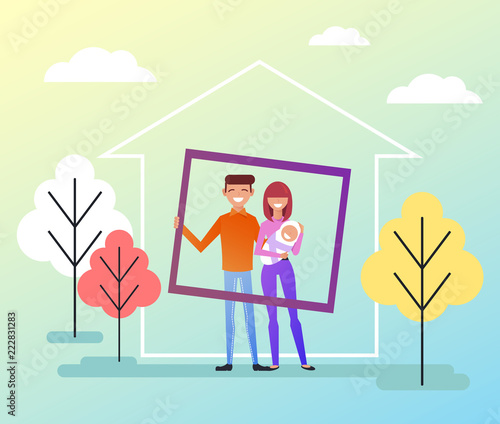 Happy smiling family members husband, wife and child character standing together near house. Social benefits for new young family. Vector flat cartoon isolated illustration