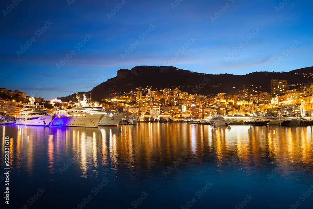 Monaco City Lights at Twilight with Reflection in the Mediterranean Sea