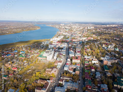 Tomsk cityscape and Tom river from aerial view. Modern city view. Siberia, Russia