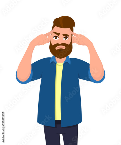 Young man touching his temples and remembering something. Man holding finger on head and feeling tired exhausted, chronic work stress, tries to remember important information. Concept illustration.