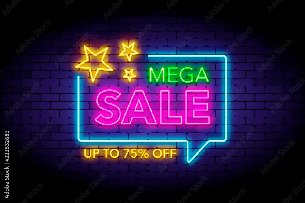 © Valery Zanimanski - Mega sale illustration in neon style. Neon stars and letters on the wall. © Valery Zanimanski - Mega sale illustration in neon style. Neon stars and letters on the wall.