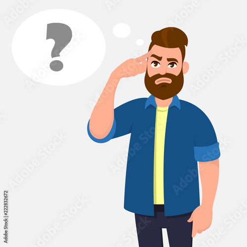 Man touching his temples and questioning. Man holding finger on head and in the thought bubble question mark appearing, remember important information. Thinking and question concept illustration.