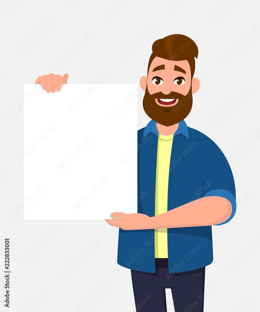 Happy young man holding/showing/displaying white blank board/banner/poster. Concept illustration in vector cartoon style. Happy young man holding/showing/displaying white blank board/banner/poster. Concept illustration in vector cartoon style.