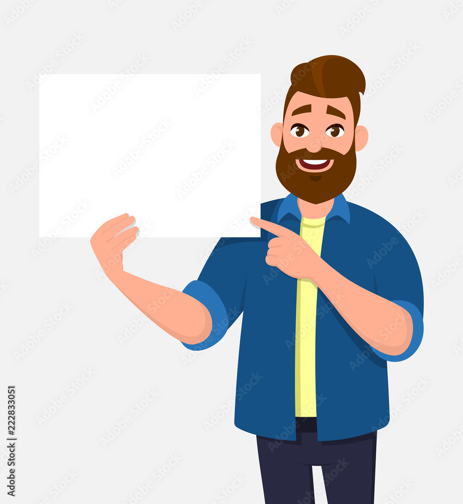 Happy young man holding/showing/displaying white blank board/banner/poster and pointing index finger towards that. Concept illustration in vector cartoon style. Happy young man holding/showing/displaying white blank board/banner/poster and pointing index finger towards that. Concept illustration in vector cartoon style.