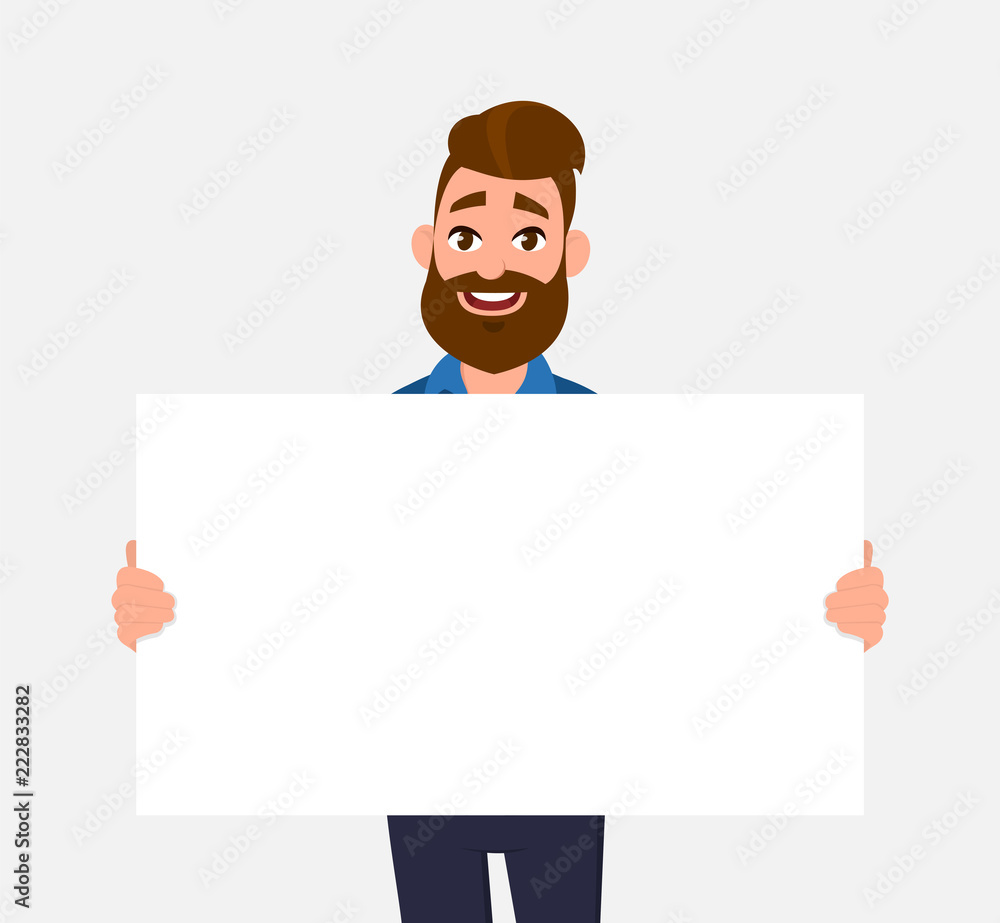 Happy young man holding/showing/displaying white blank board/banner/poster. Concept illustration in vector cartoon style. Happy young man holding/showing/displaying white blank board/banner/poster. Concept illustration in vector cartoon style.