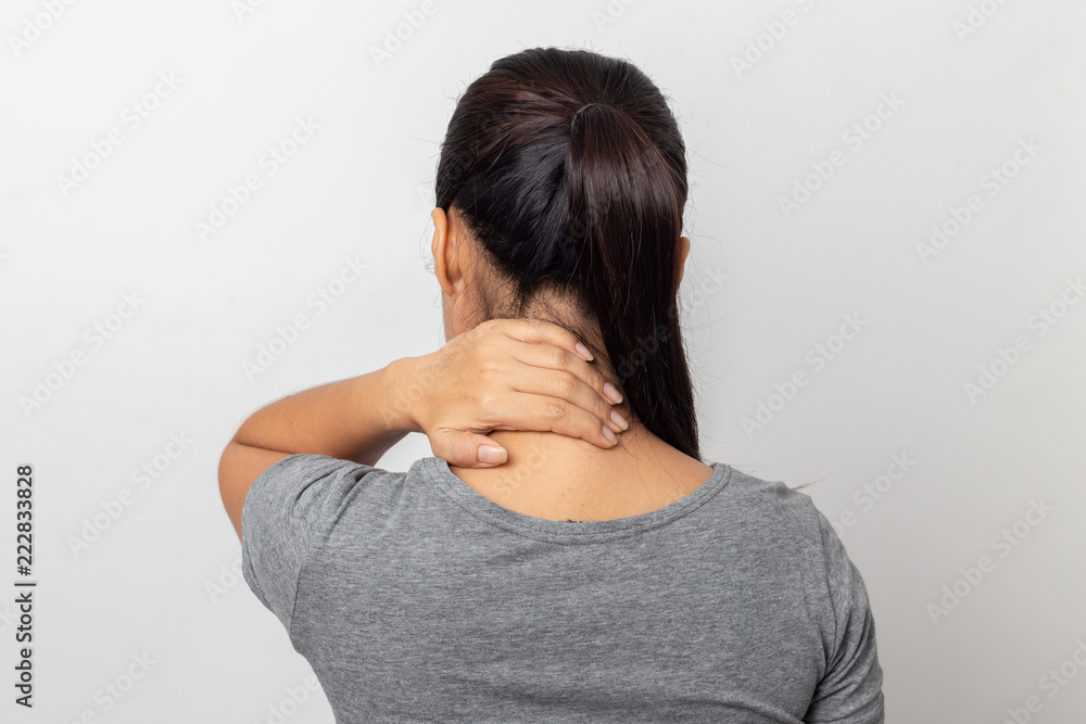 Woman Neck pain on white background Woman Neck pain on white background