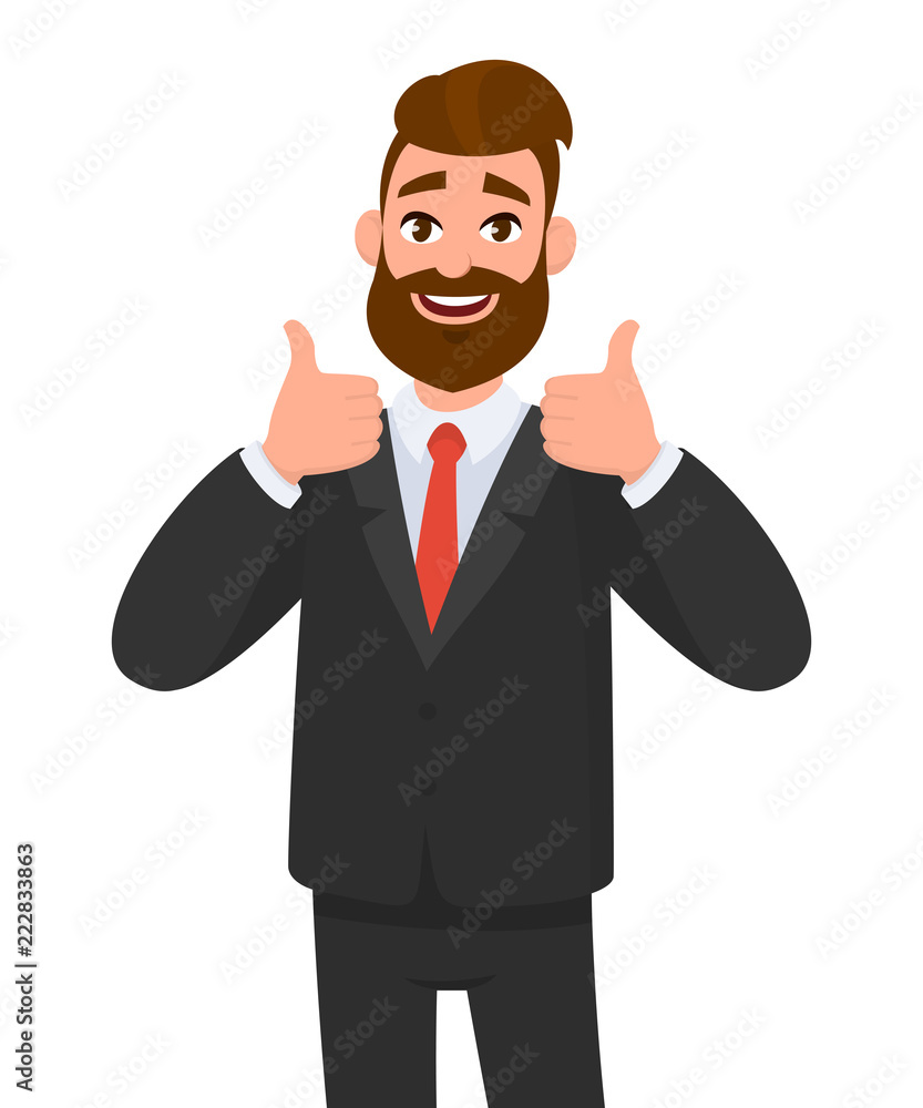 Portrait of excited business man dressed in black formal wear showing thumbs up sign. Deal, like, agree, approve, accept illustration concept in cartoon vector style.