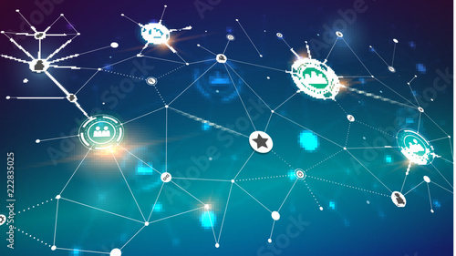 Social media network, perspective view. Concept of communication technology in social network. Global concept of communication symbols for interactive interaction. 3D vector illustration