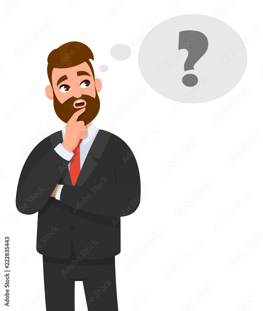 Thoughtful young business man thinking. Question mark icon in thought bubble. Emotion and body language concept in cartoon style vector illustration. Thoughtful young business man thinking. Question mark icon in thought bubble. Emotion and body language concept in cartoon style vector illustration.
