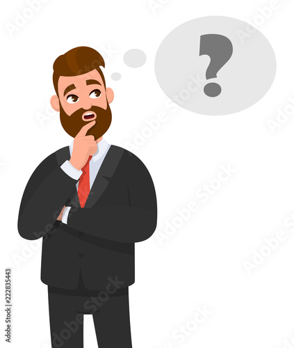 Thoughtful young business man thinking. Question mark icon in thought bubble. Emotion and body language concept in cartoon style vector illustration.